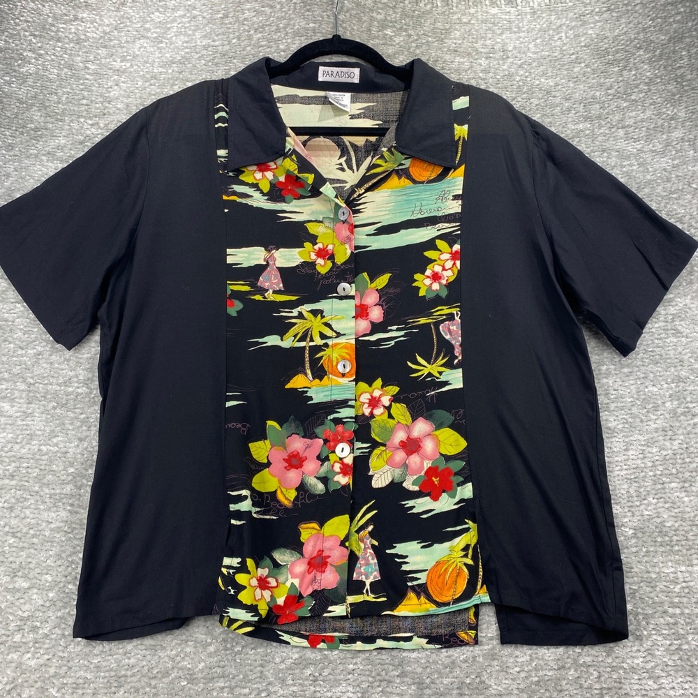 Paradiso Womens Large Hawaiian Floral Rayon‎ Top Button Front Black Blouse